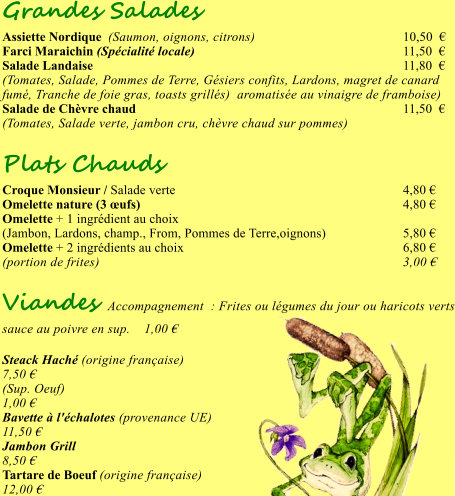Grandes Salades Assiette Nordique  (Saumon, oignons, citrons) 	10,50   Farci Maraichin (Spcialit locale) 	11,50   Salade Landaise	11,80   (Tomates, Salade, Pommes de Terre, Gsiers confits, Lardons, magret de canard  fum, Tranche de foie gras, toasts grills)  aromatise au vinaigre de framboise) Salade de Chvre chaud	11,50   (Tomates, Salade verte, jambon cru, chvre chaud sur pommes)  Plats Chauds Croque Monsieur / Salade verte	4,80  Omelette nature (3 ufs)	4,80  Omelette + 1 ingrdient au choix (Jambon, Lardons, champ., From, Pommes de Terre,oignons)	5,80  Omelette + 2 ingrdients au choix	6,80  (portion de frites)	3,00   Viandes Accompagnement  : Frites ou lgumes du jour ou haricots verts sauce au poivre en sup.    1,00   Steack Hach (origine franaise)		    7,50  (Sup. Oeuf)		    1,00  Bavette  l'chalotes (provenance UE)		  11,50  Jambon Grill 		    8,50  Tartare de Boeuf (origine franaise)		   12,00 